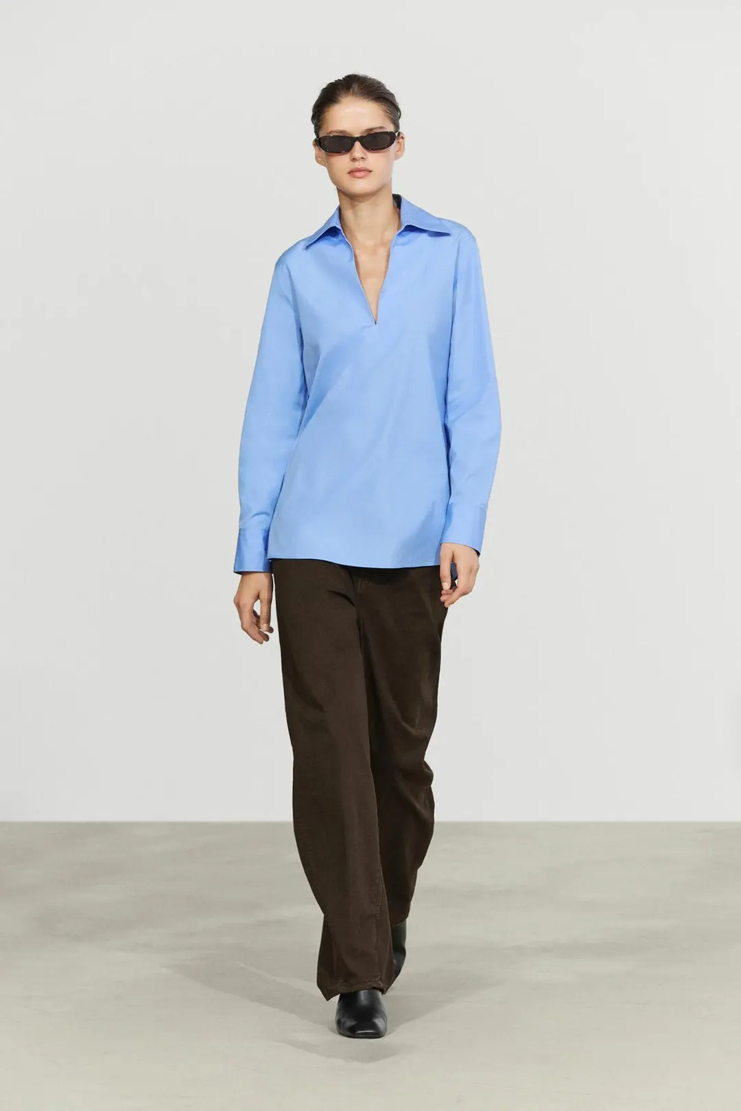 Блузка из хлопкового поплина с V-образным вырезом, Massimo Dutti