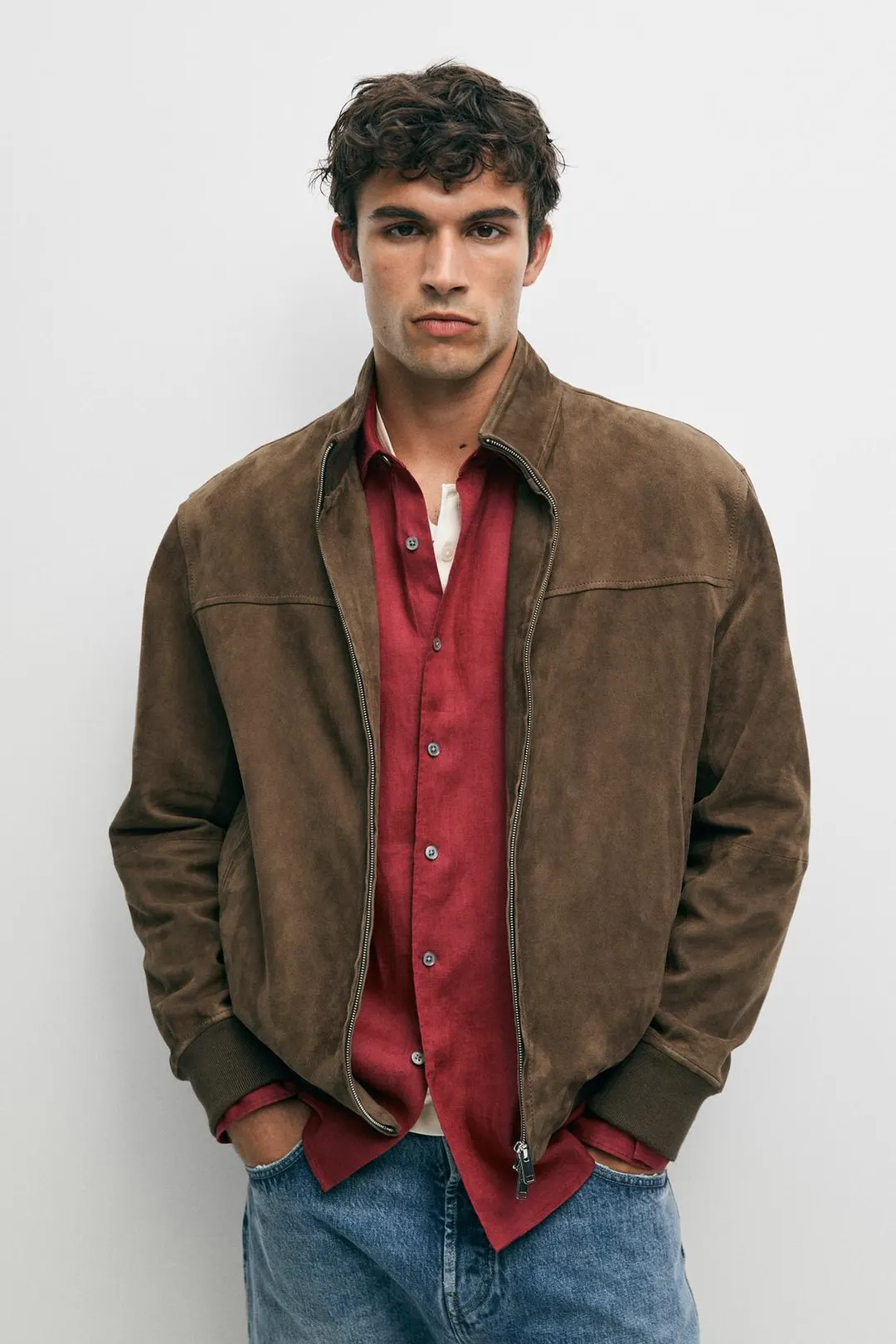 Бомбер комбинированный из замши, Massimo Dutti