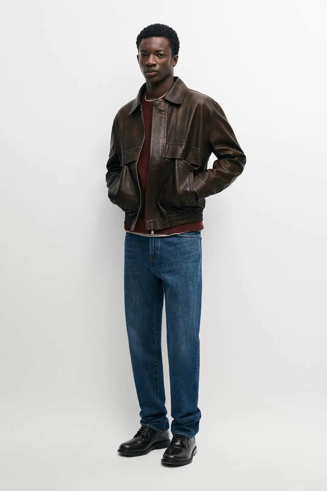 Куртка-бомбер из кожи наппа с поясом на резинке, Massimo Dutti