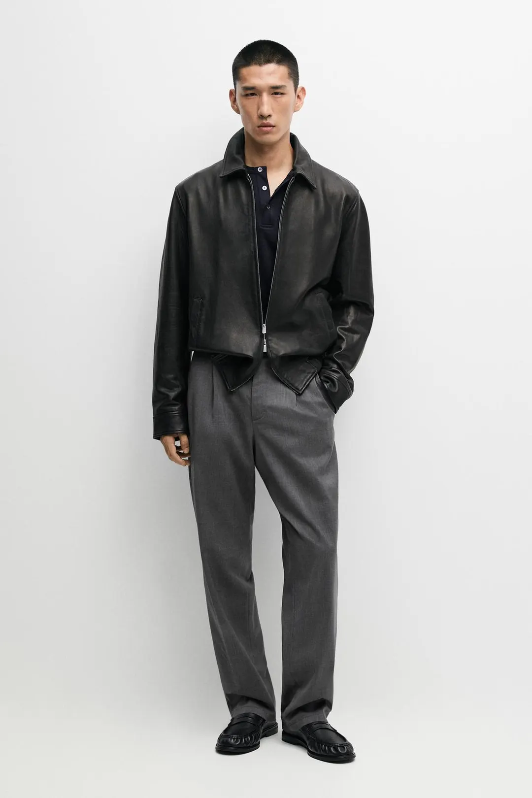Куртка с воротником из кожи наппа, Massimo Dutti