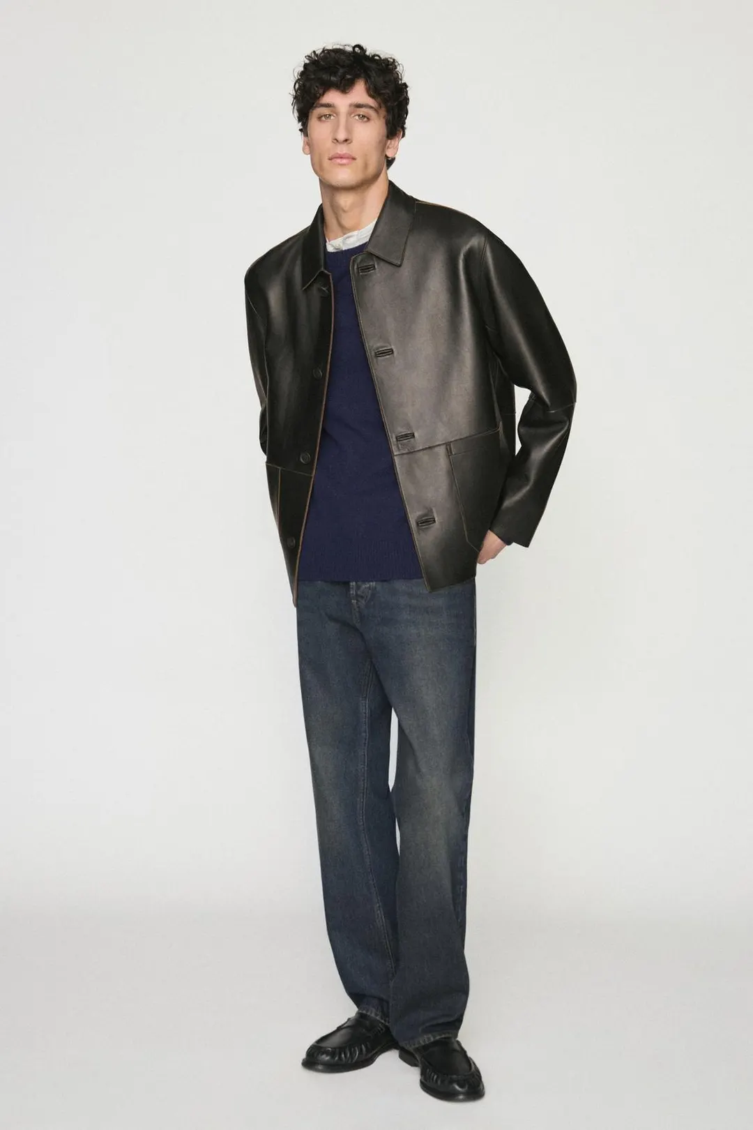 Куртка из кожи наппа на пуговицах, Massimo Dutti