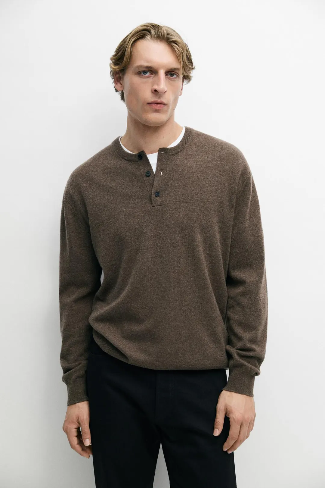 Свитер вязаный хенли из смесовой шерсти, Massimo Dutti