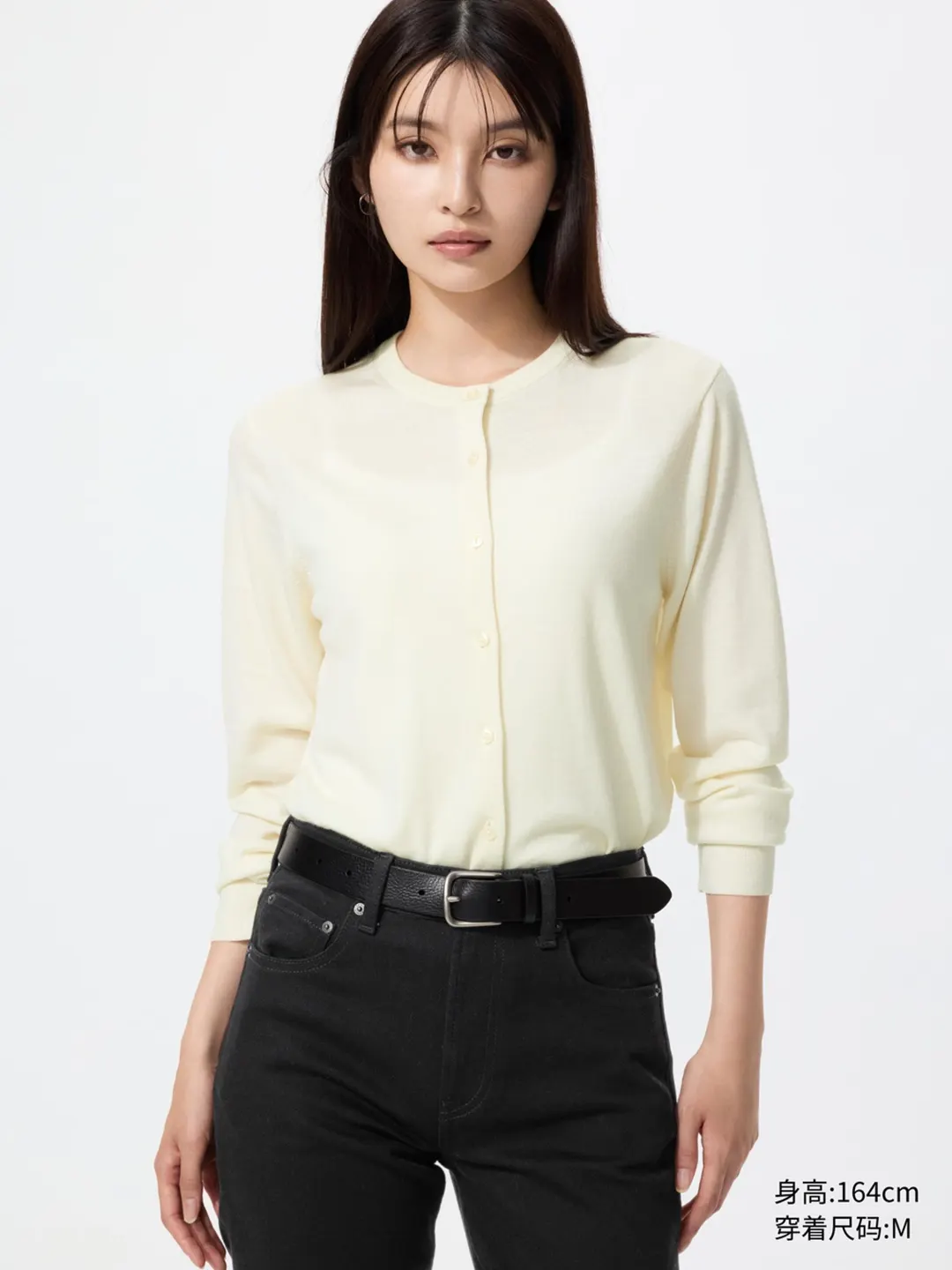 Кардиган с круглым вырезом из тонкой мериносовой шерсти для офиса, Uniqlo