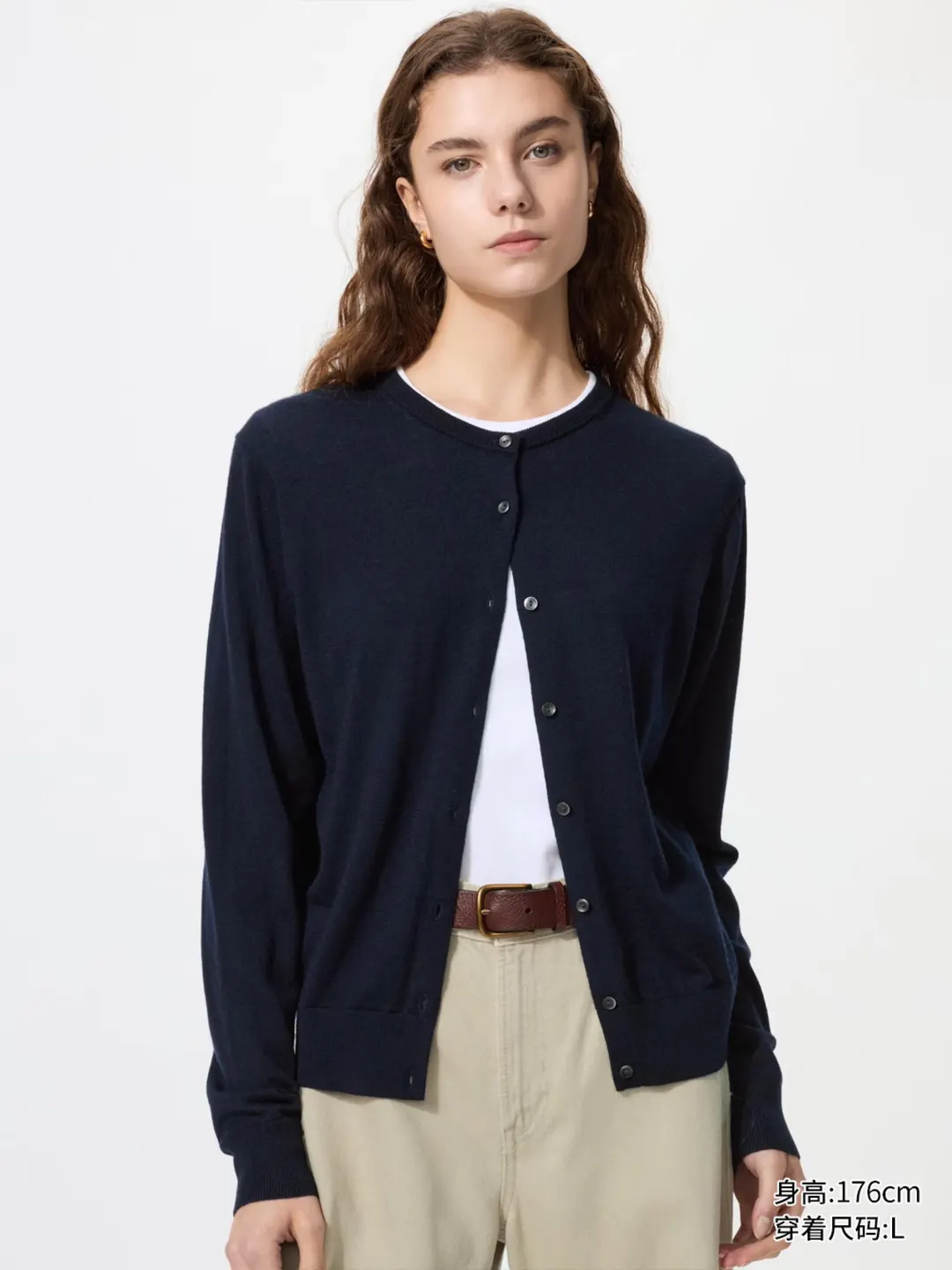 Кардиган с круглым вырезом из тонкой мериносовой шерсти для офиса, Uniqlo
