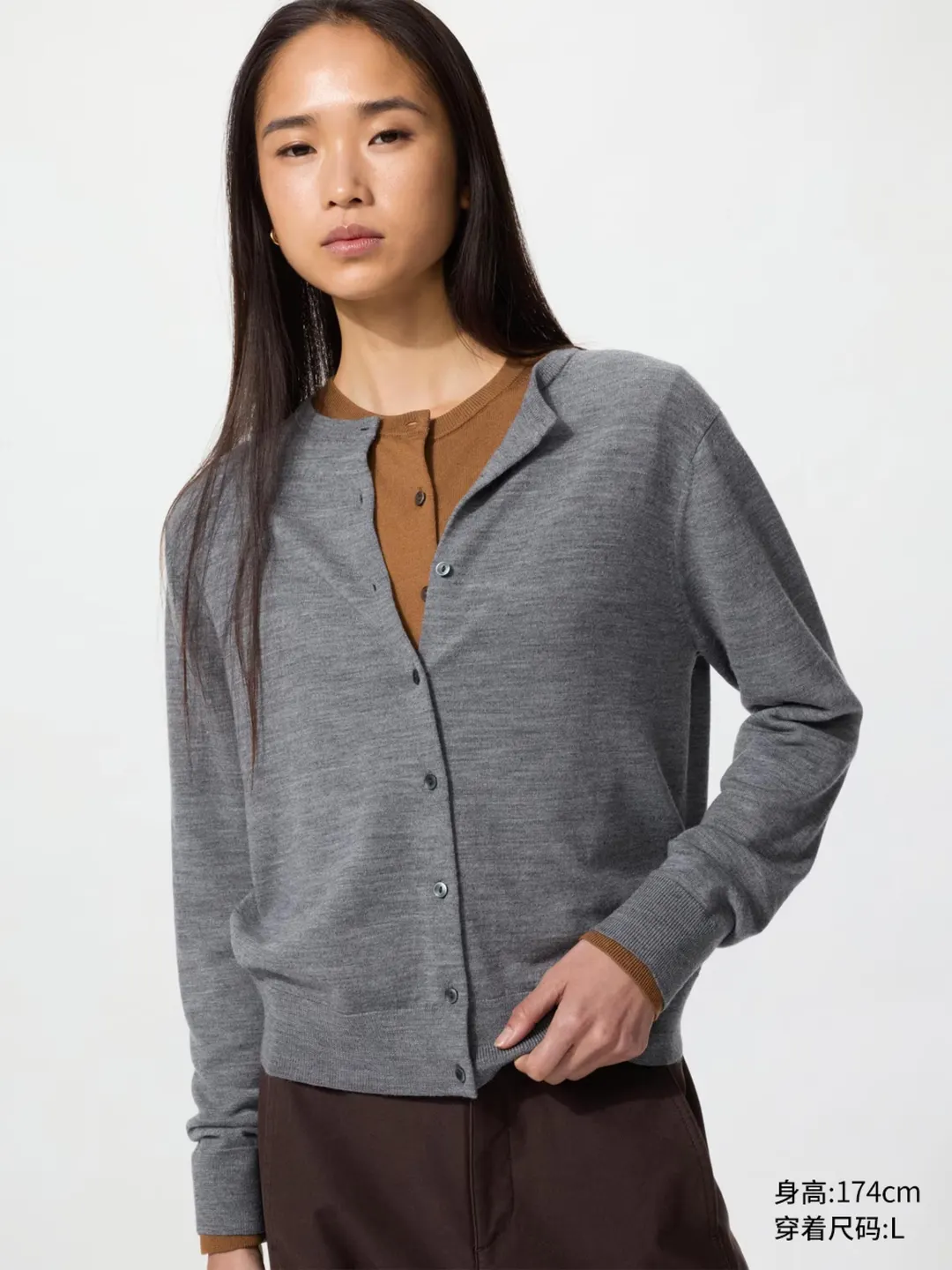 Кардиган с круглым вырезом из тонкой мериносовой шерсти для офиса, Uniqlo