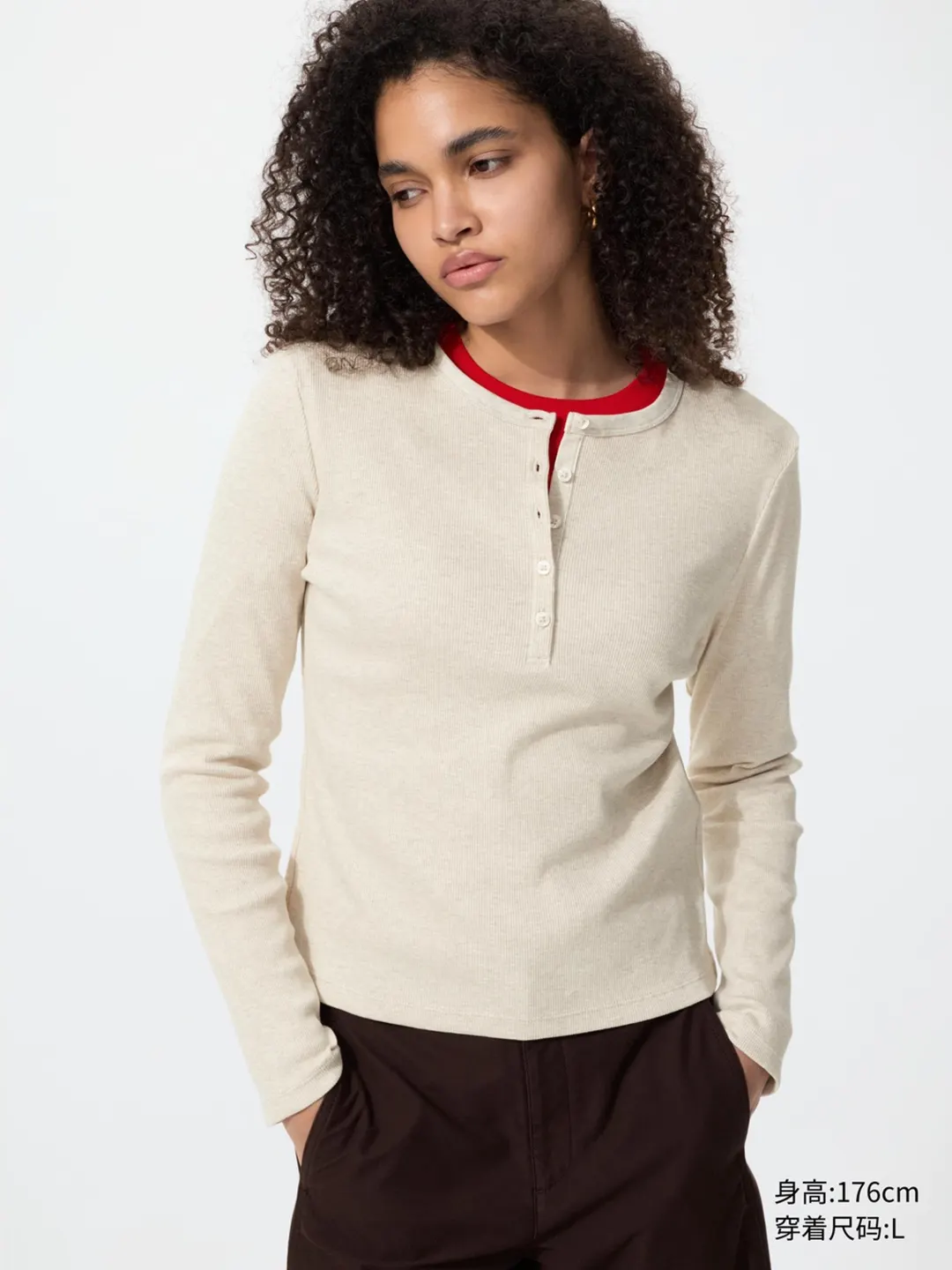 Укороченный облегающий лонгслив в рубчик с воротом хенли, Uniqlo