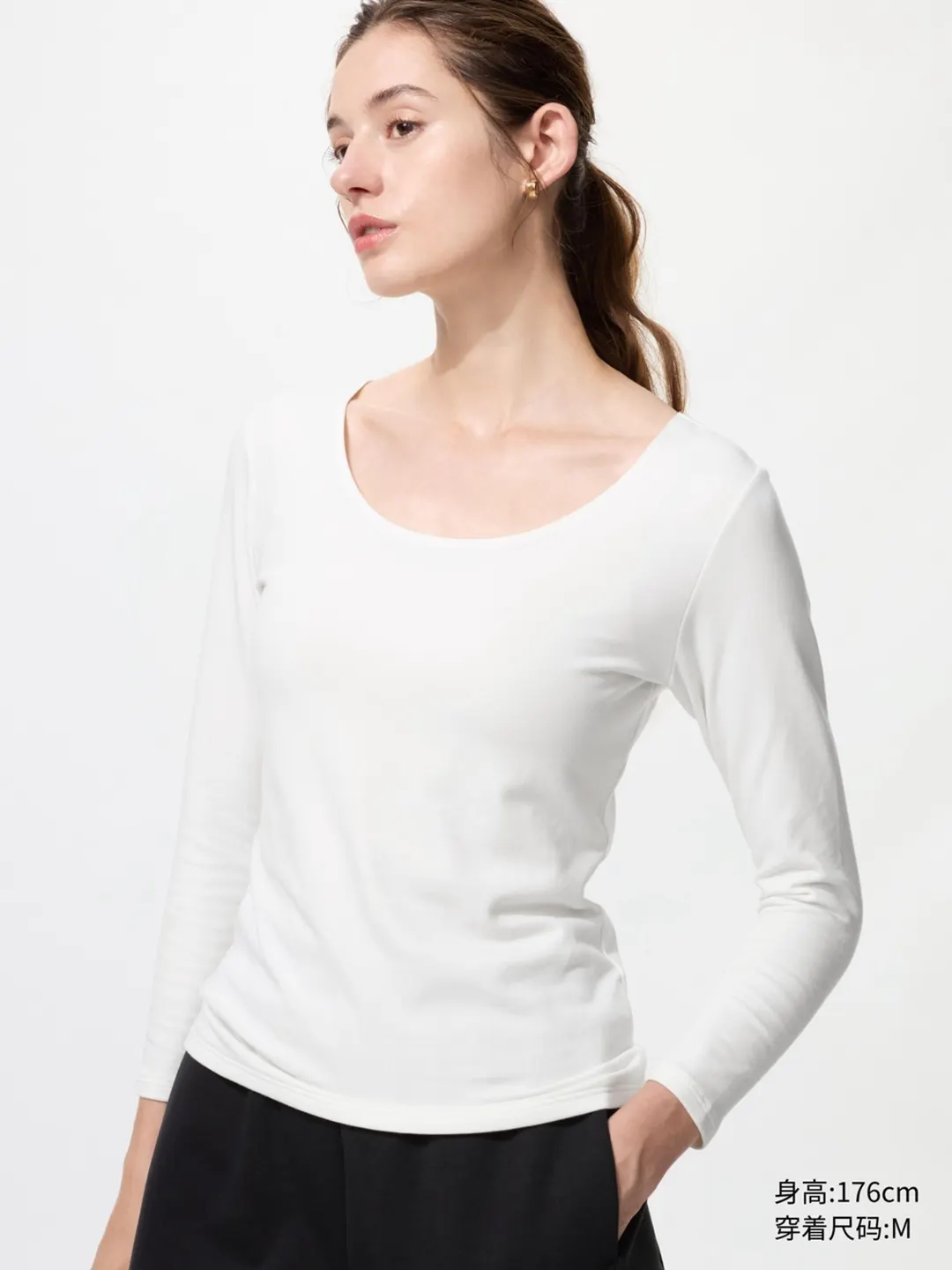 Футболка из смесового хлопка HEATTECH с U-образным вырезом и рукавами 7/8, Uniqlo