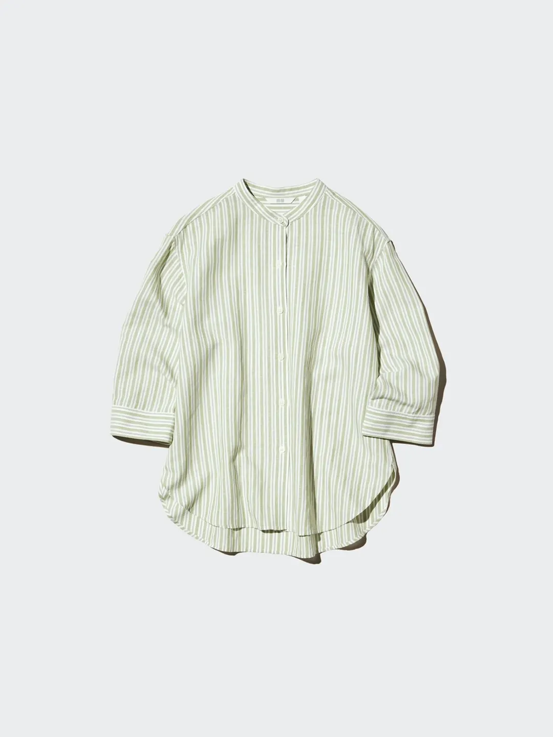 Рубашка в полоску со воротником-стойкой из смесового льна и рукавами 3/4, Uniqlo