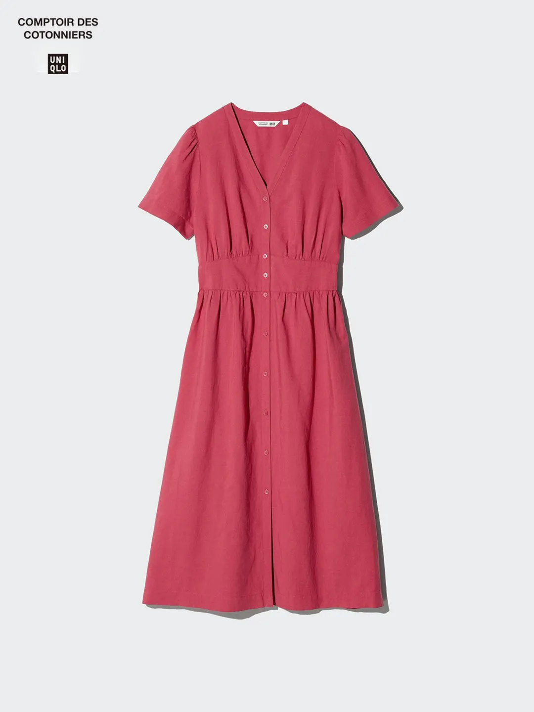 Платье с V-образным вырезом и короткими рукавами из смесового льна, Uniqlo