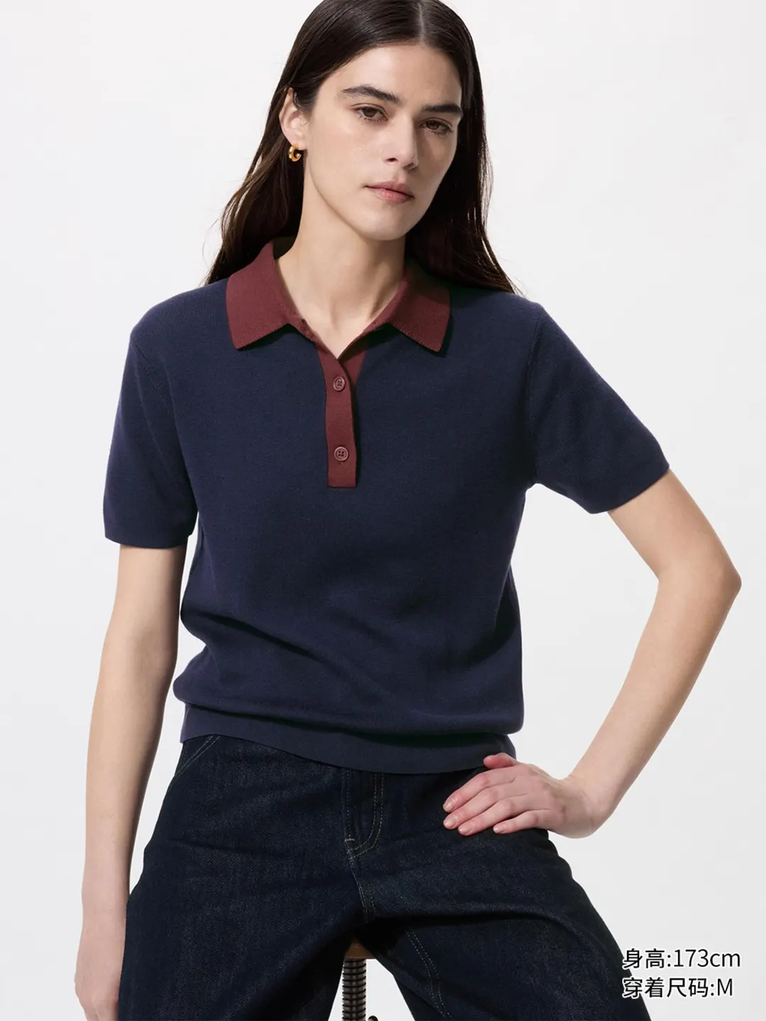 Джемпер поло колор-блок из смеси хлопка и модала с короткими рукавами, Uniqlo