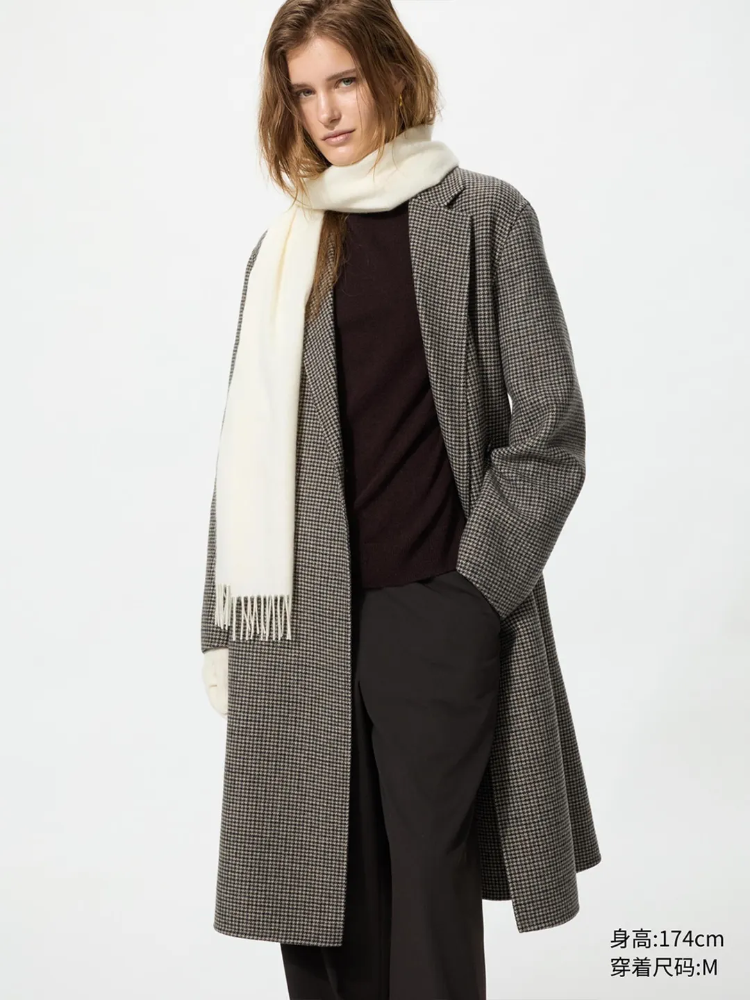 Пальто длинное повседневное из двухслойной шерсти в клетку, Uniqlo
