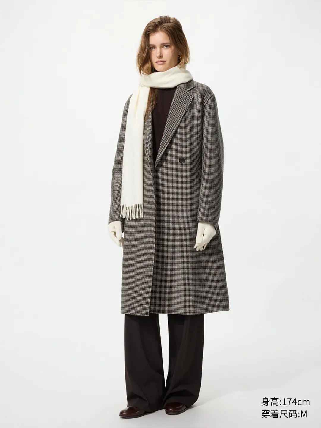 Пальто длинное повседневное из двухслойной шерсти в клетку, Uniqlo