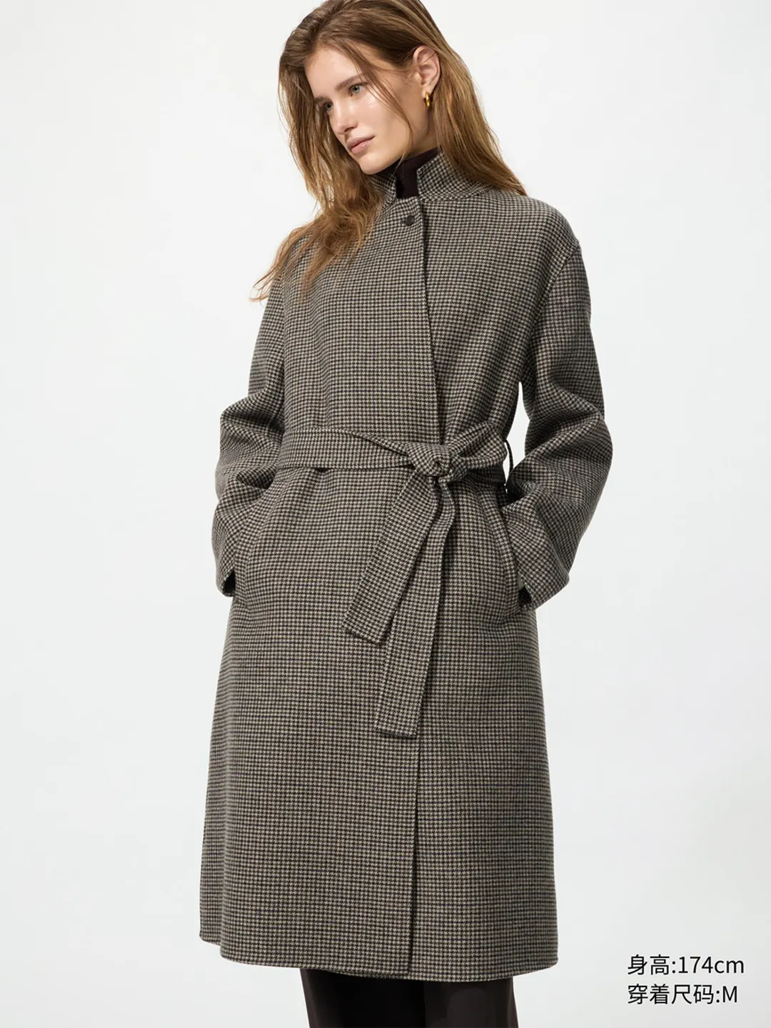 Пальто длинное повседневное из двухслойной шерсти в клетку, Uniqlo