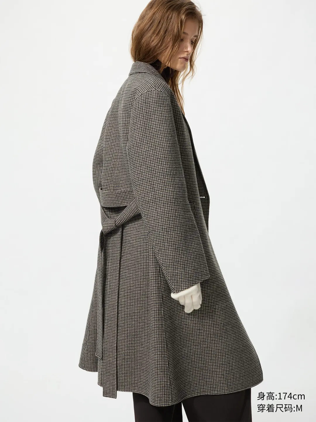 Пальто длинное повседневное из двухслойной шерсти в клетку, Uniqlo