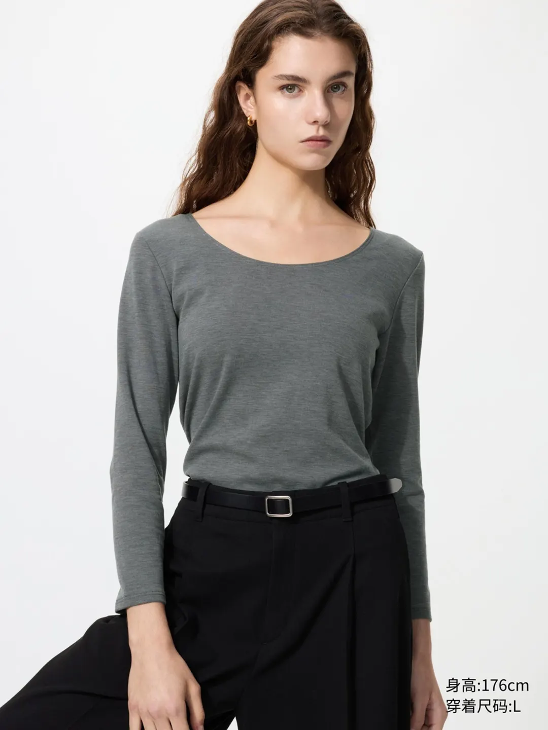 Футболка из смесового хлопка HEATTECH с U-образным вырезом и рукавами 7/8, Uniqlo