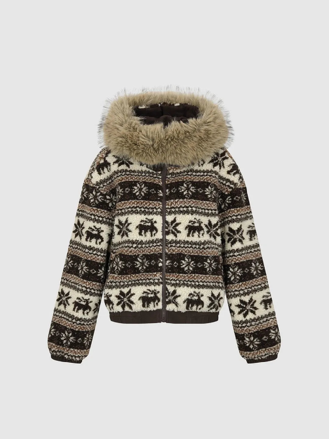 Куртка серо-овсяного цвета с узором Fair Isle, меховым воротником и капюшоном, Urban Revivo