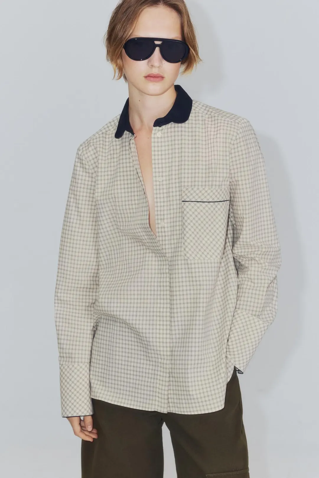 Рубашка в клетку с контрастным воротником ZW Collection, Zara