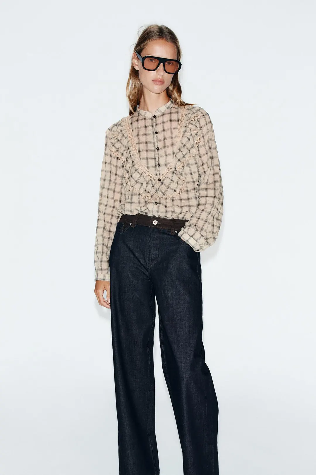 Блузка в клетку с кружевом, Zara