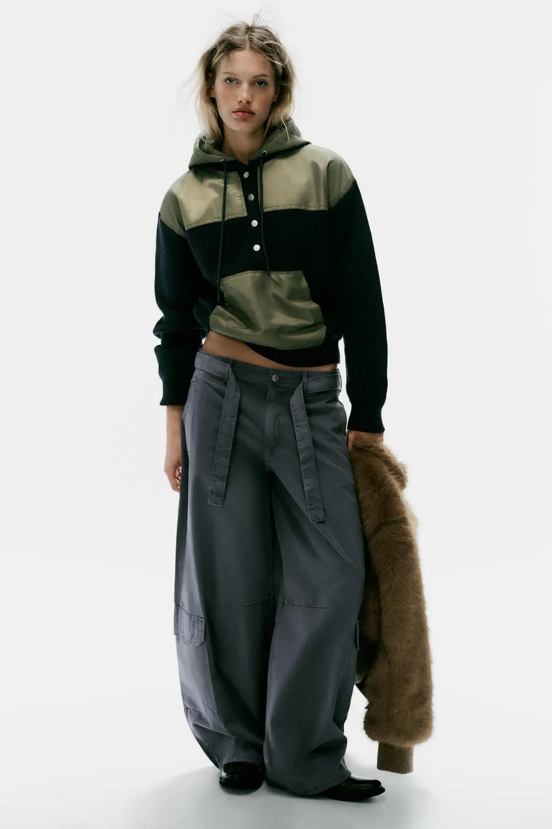 Джемпер комбинированной вязки со съемным капюшоном, Zara