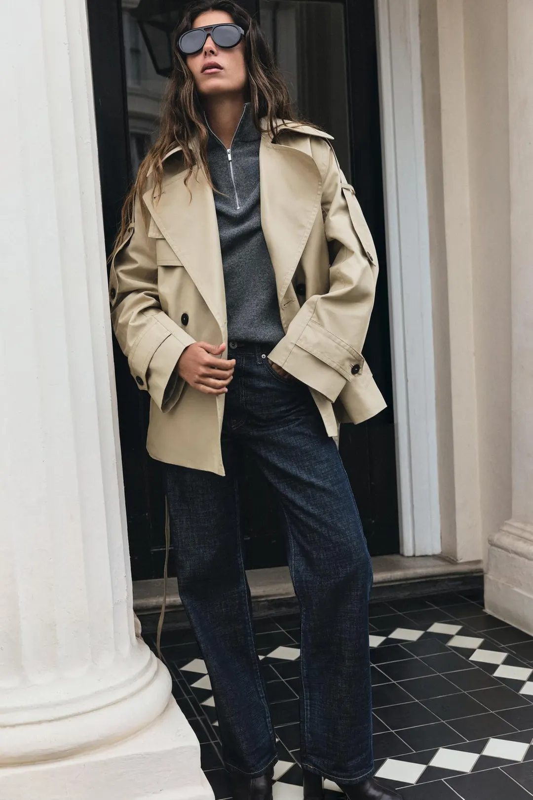 Короткий тренч ZW Collection из водоотталкивающей ткани с поясом, Zara