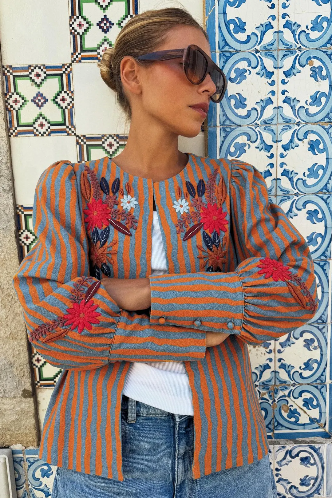 Полосатая куртка с цветочной вышивкой, Zara