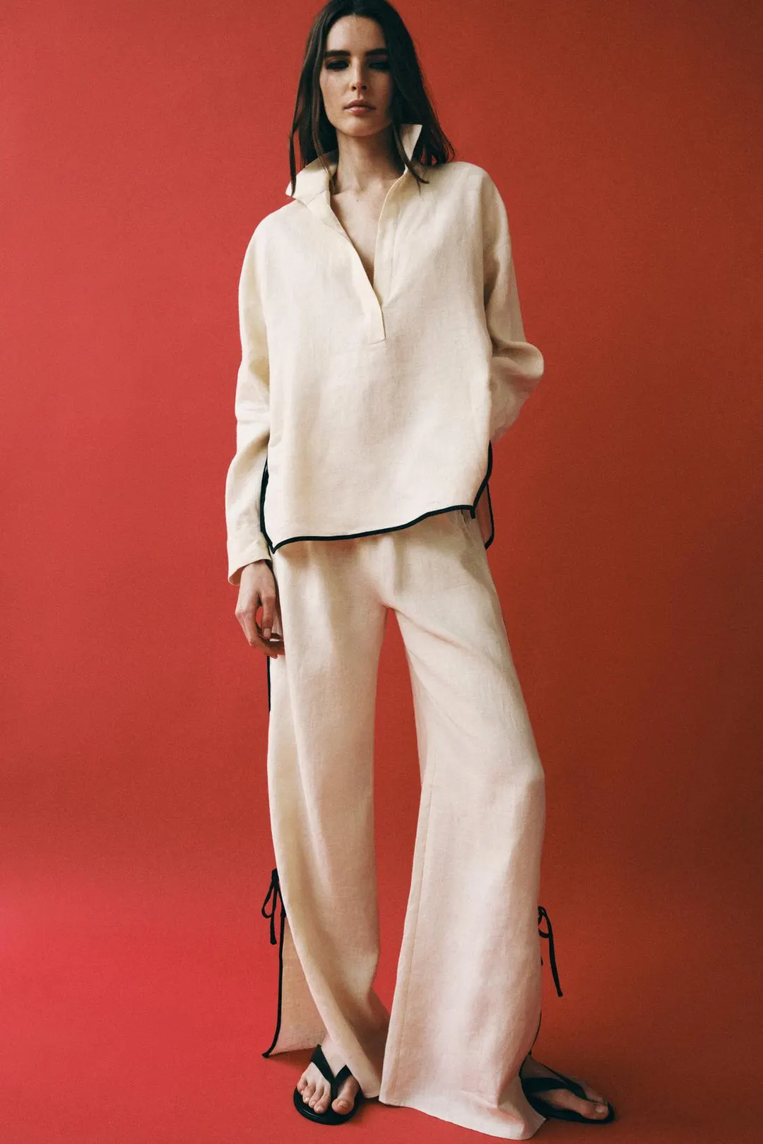 Рубашка из 100% льна с контрастным кантом ZW Collection, Zara