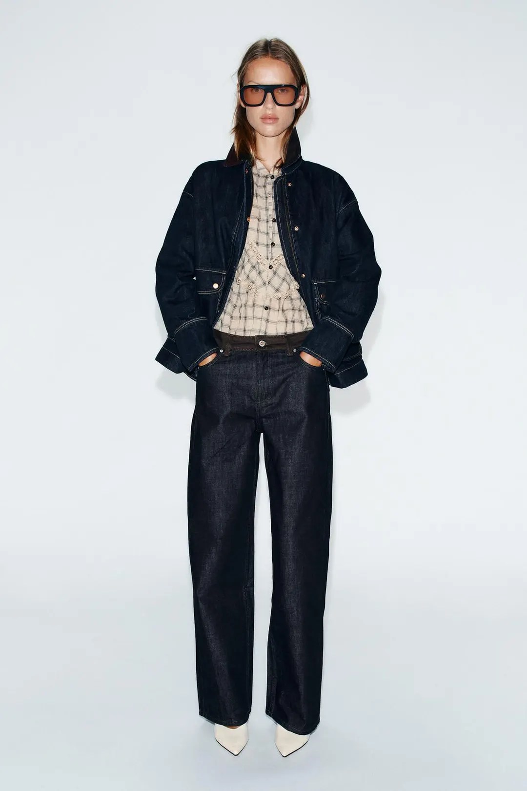 Джинсы Z1975 комбинированные бочкообразного кроя с высокой посадкой, Zara