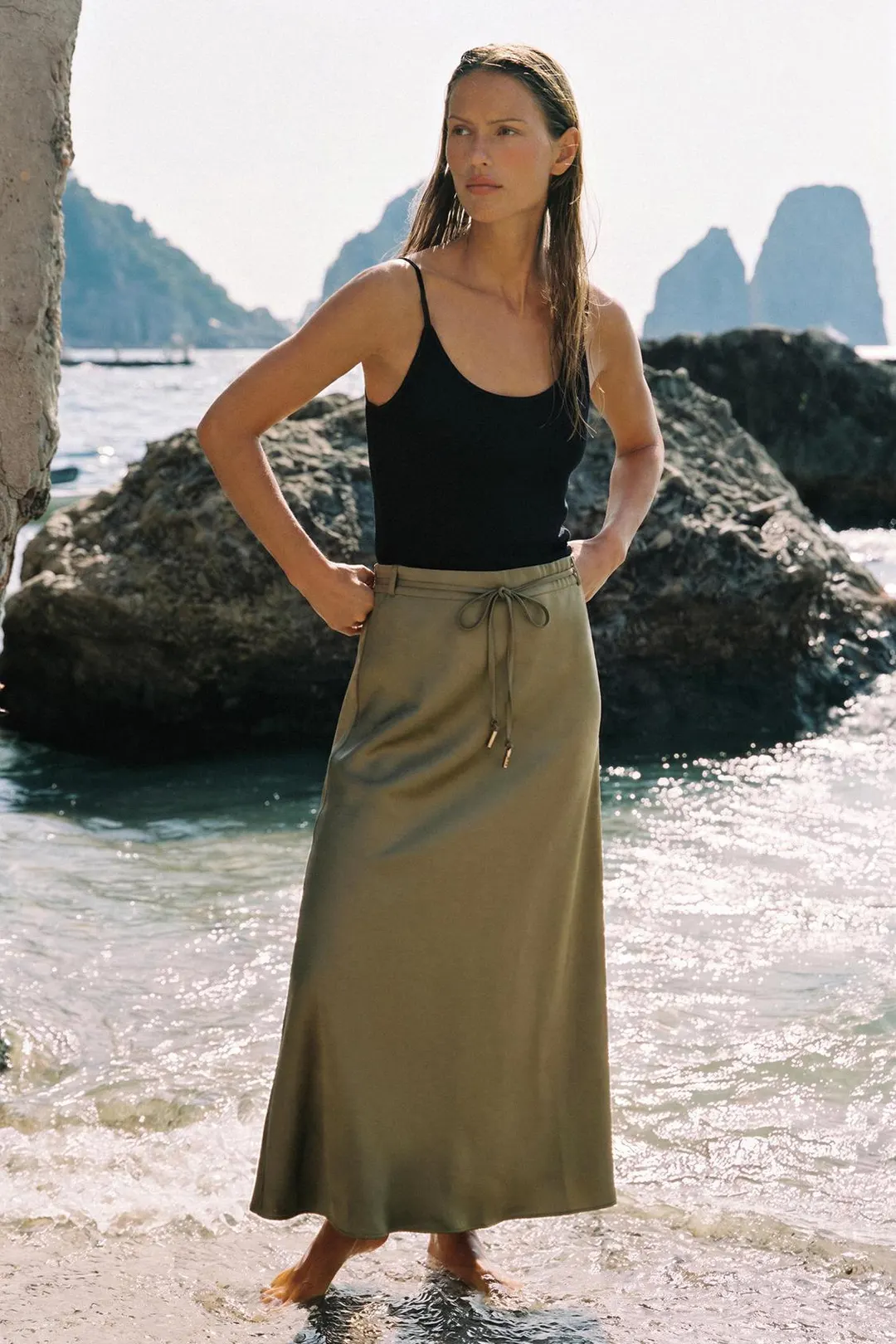 Юбка миди атласная с поясом, Zara