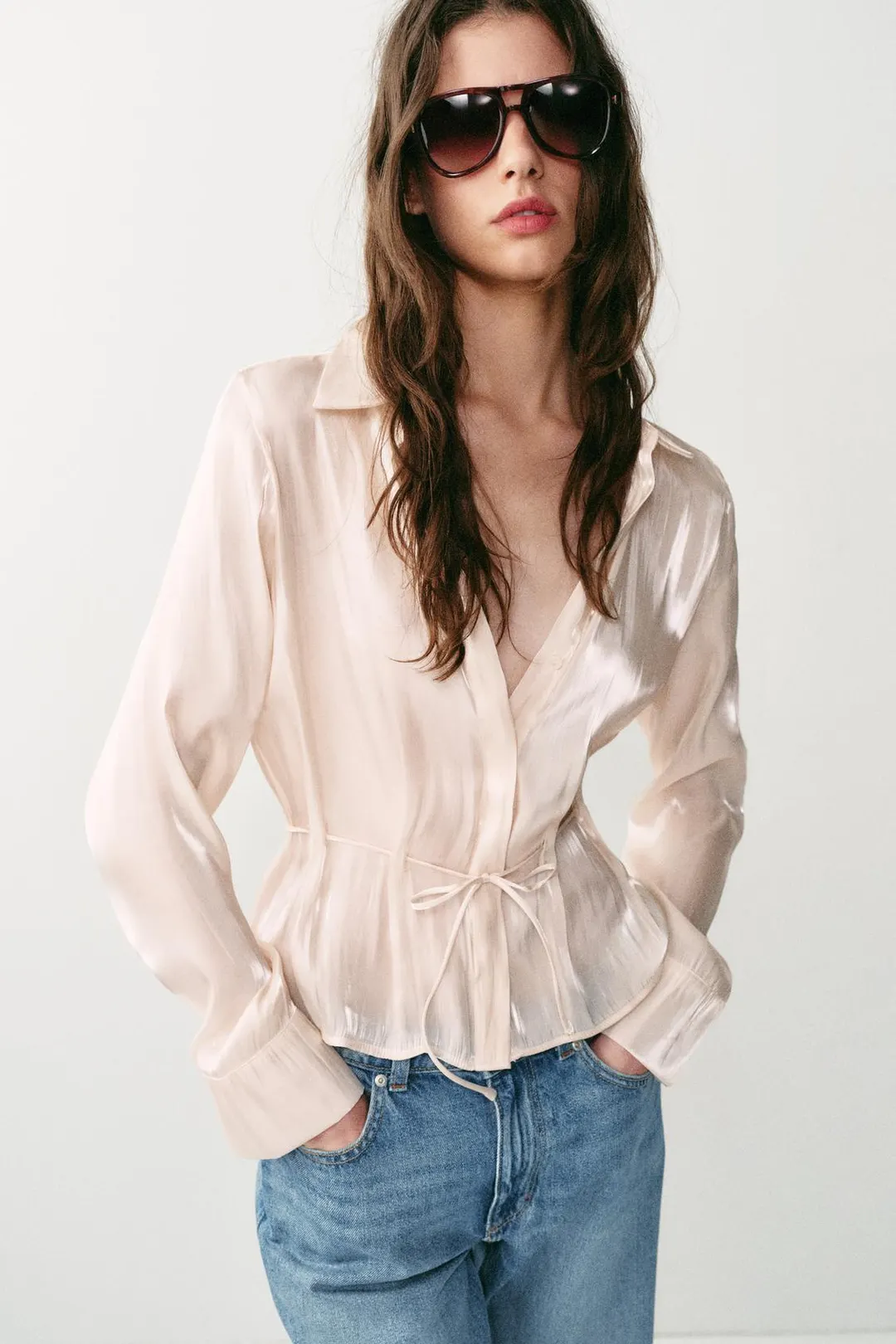 Блестящая рубашка с поясом, Zara
