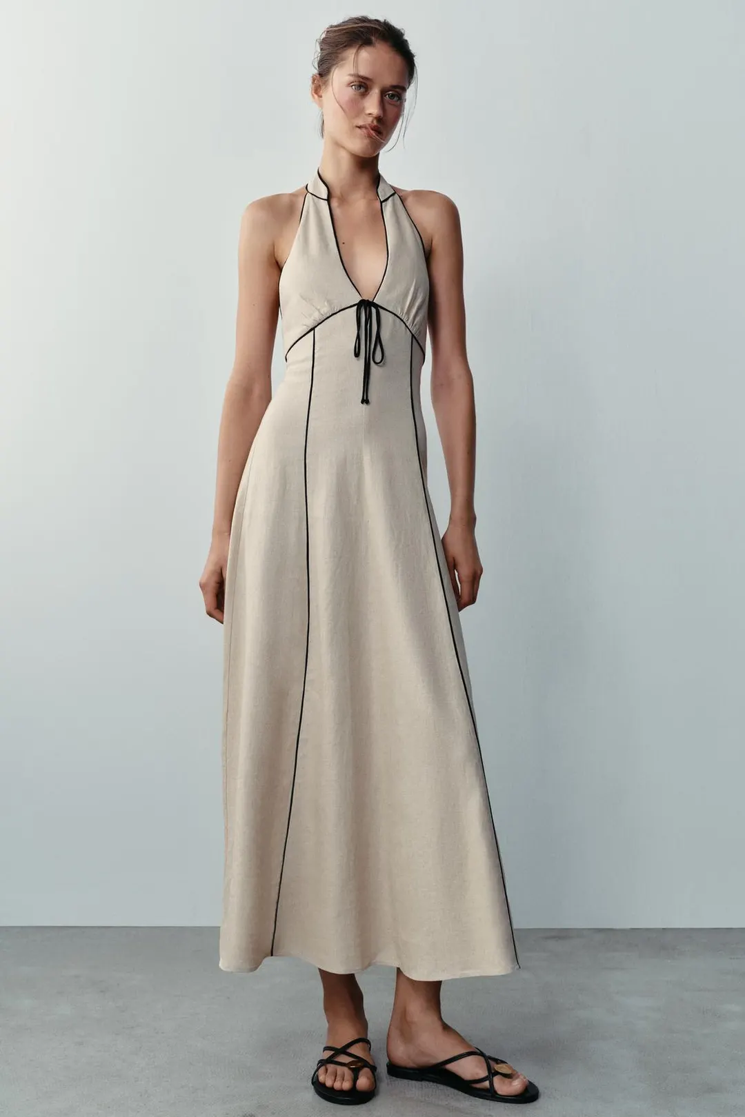 Платье из смесового льна с контрастной отделкой, Zara
