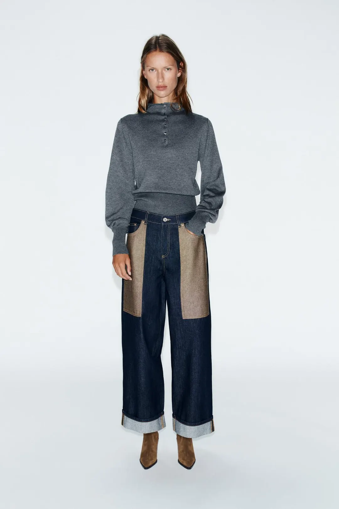 Комбинированные джинсы с высокой посадкой и отворотами Z1975, Zara