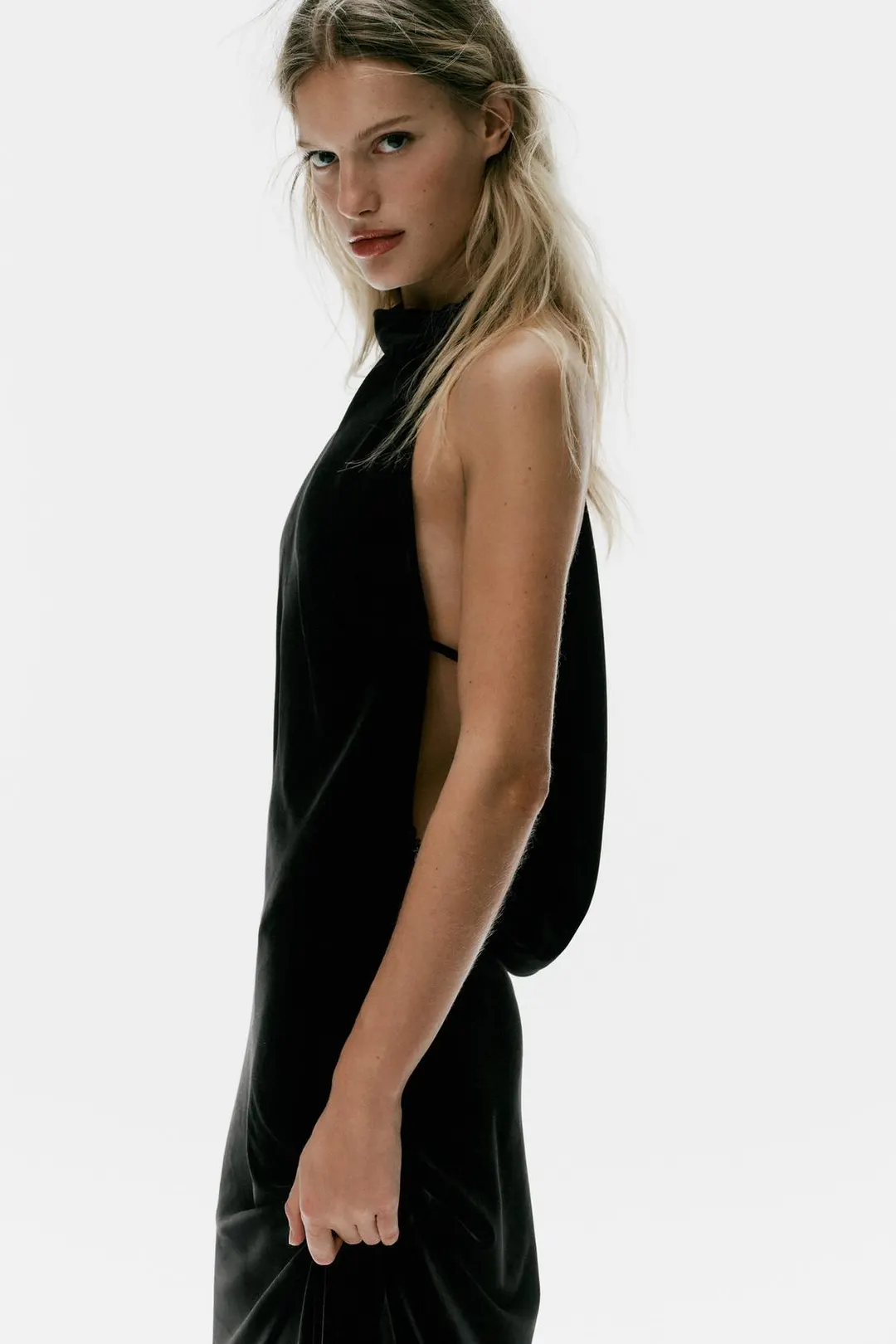 Бархатное платье миди с драпировкой на спине, Zara