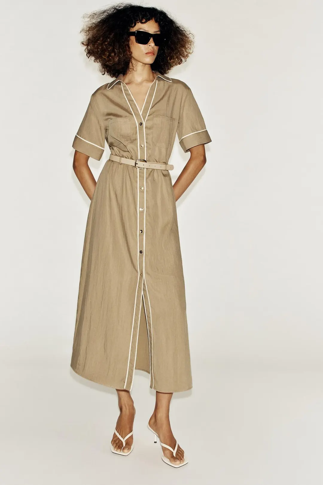 Платье миди с контрастной отделкой и поясом, Zara