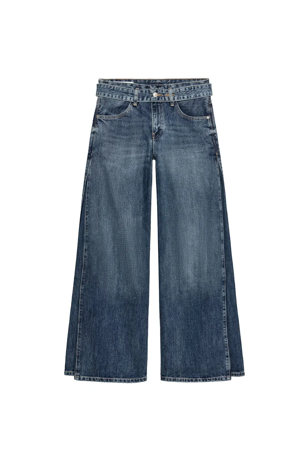 Джинсы со средней посадкой, складками и ремнем TRF, Zara