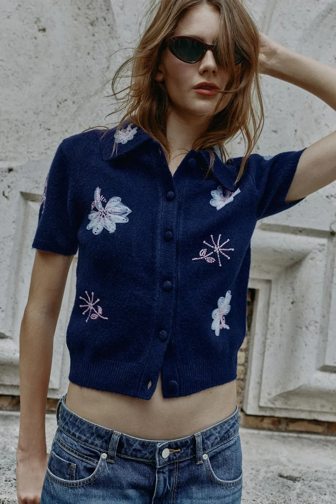 Кардиган с короткими рукавами и бусинами, Zara