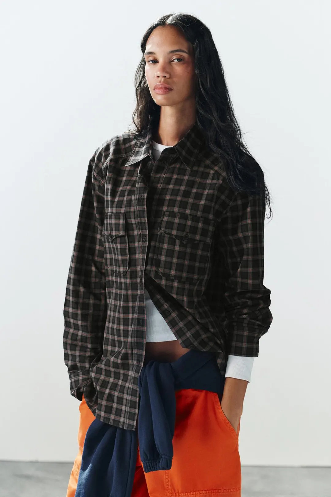 Поплиновая рубашка оверсайз в клетку, Zara