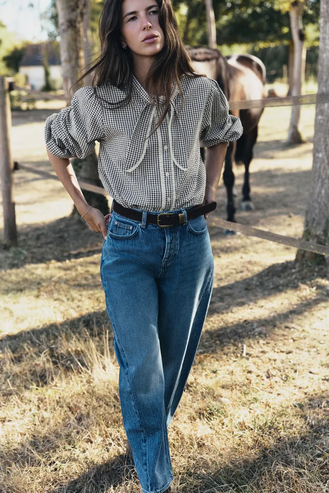 Клетчатая блузка с бантом и кружевом, Zara