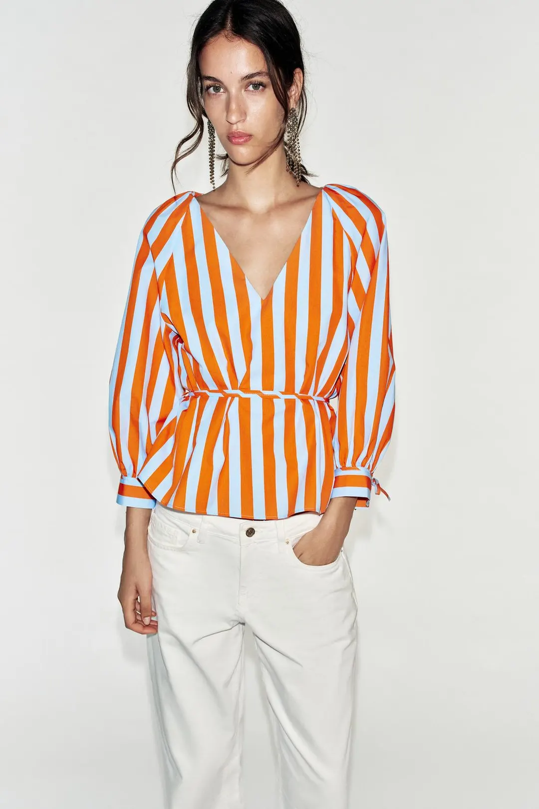 Рубашка в полоску с тонким поясом, Zara