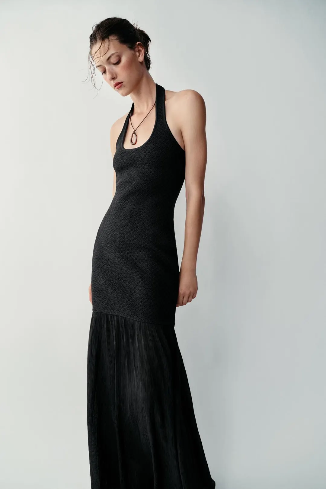 Комбинированное вязаное платье халтер, Zara