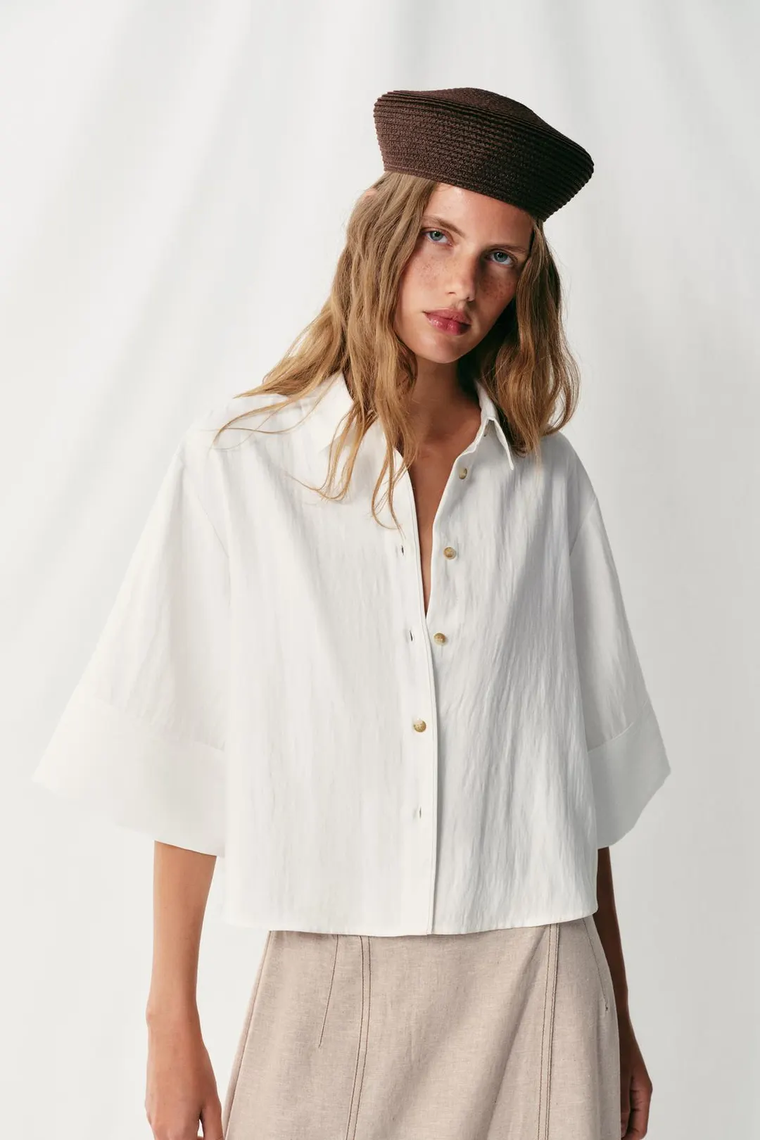 Рубашка укороченная с широкими рукавами, Zara