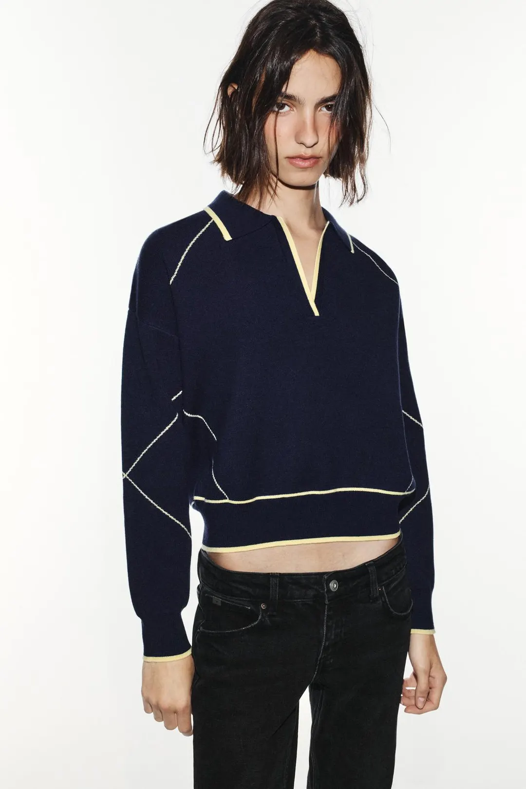 Вязаный свитер-поло с контрастным кантом, Zara