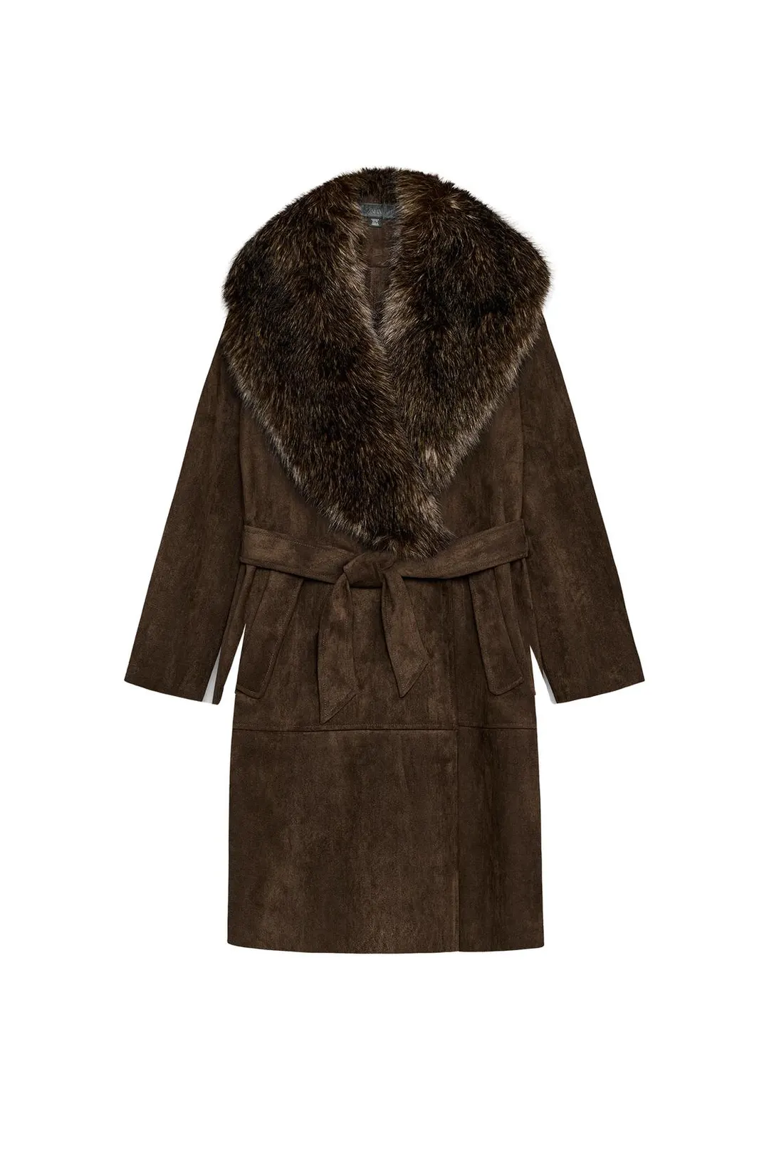 Пальто с поясом и воротником из искусственного меха, Zara