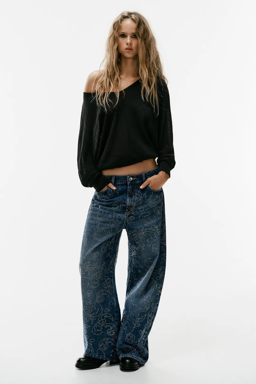 Джинсы TRF мешковатого кроя со средней посадкой и мерцающим эффектом, Zara