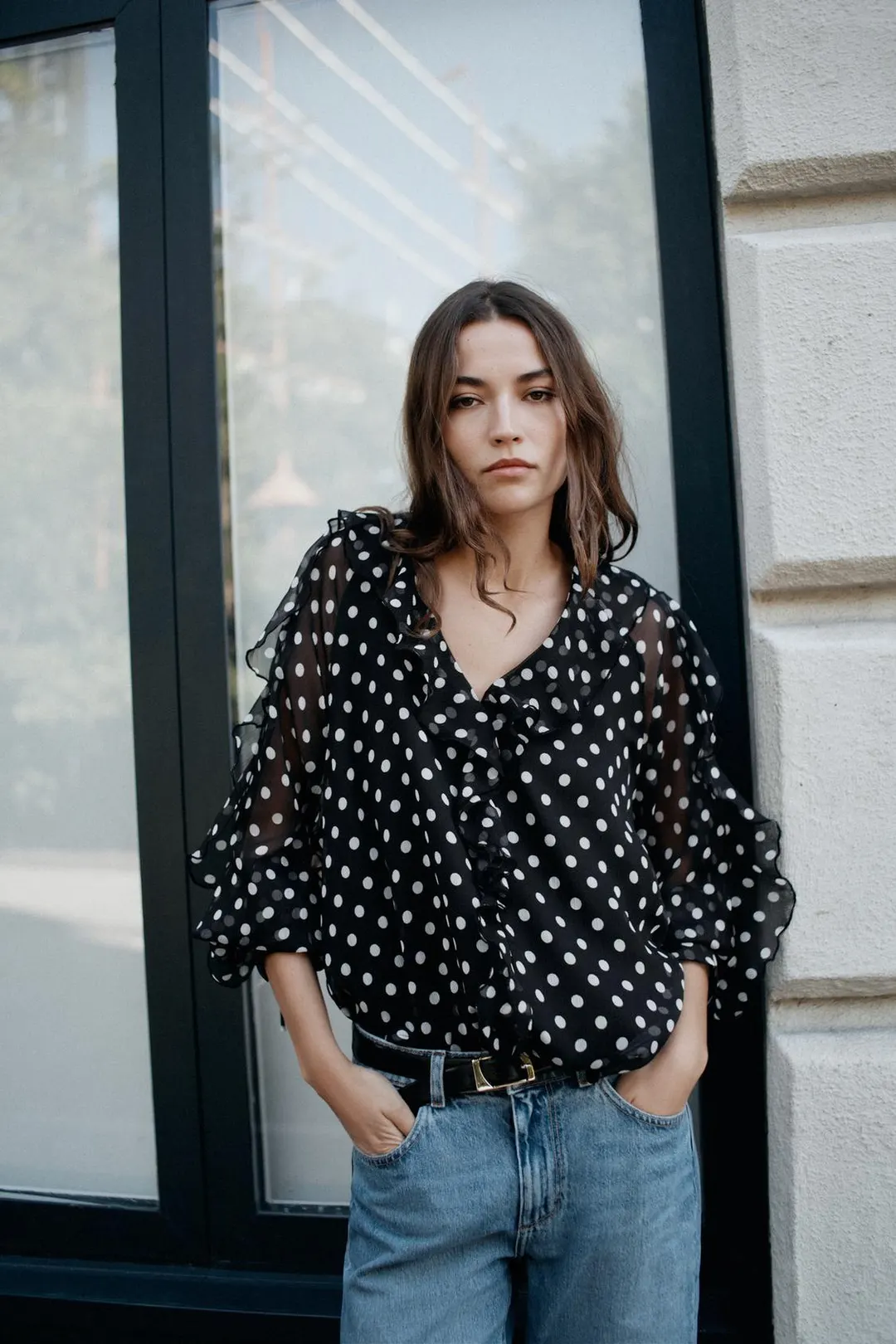 Блузка в горошек с оборками, Zara