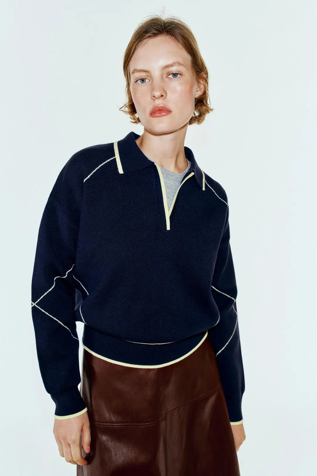 Вязаный свитер-поло с контрастным кантом, Zara