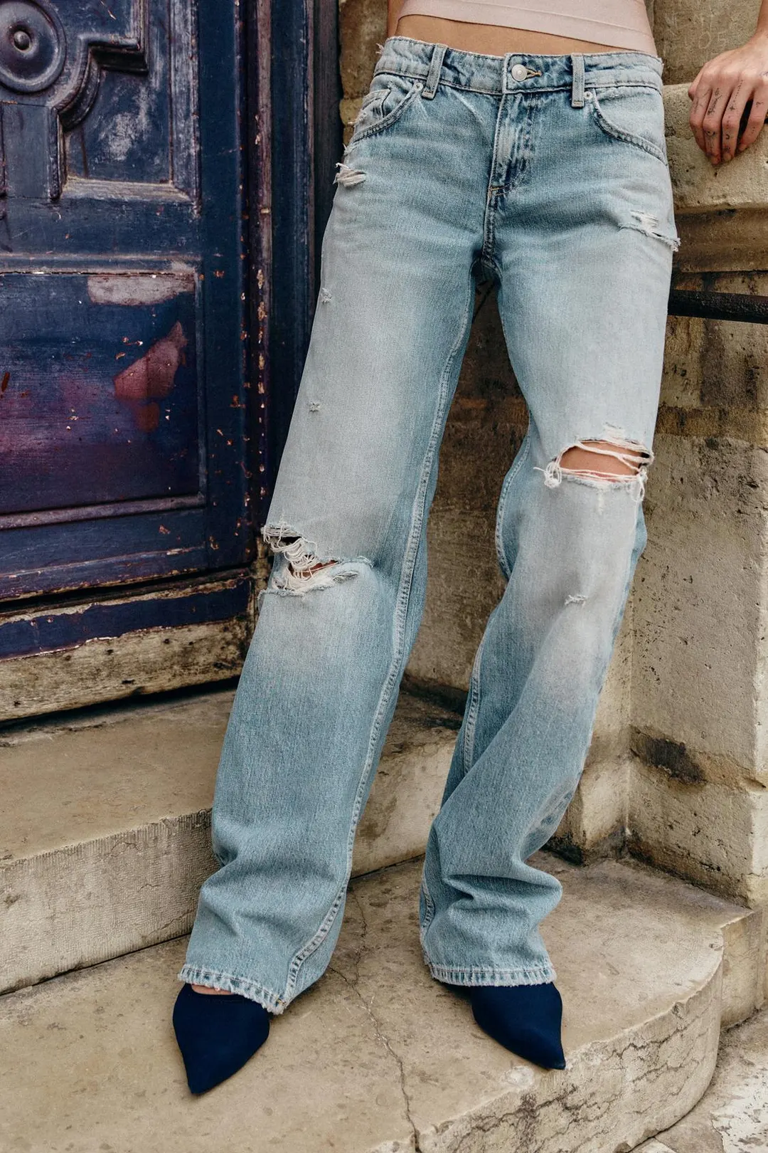 Джинсы TRF широкого кроя с низкой посадкой и разрывами, Zara