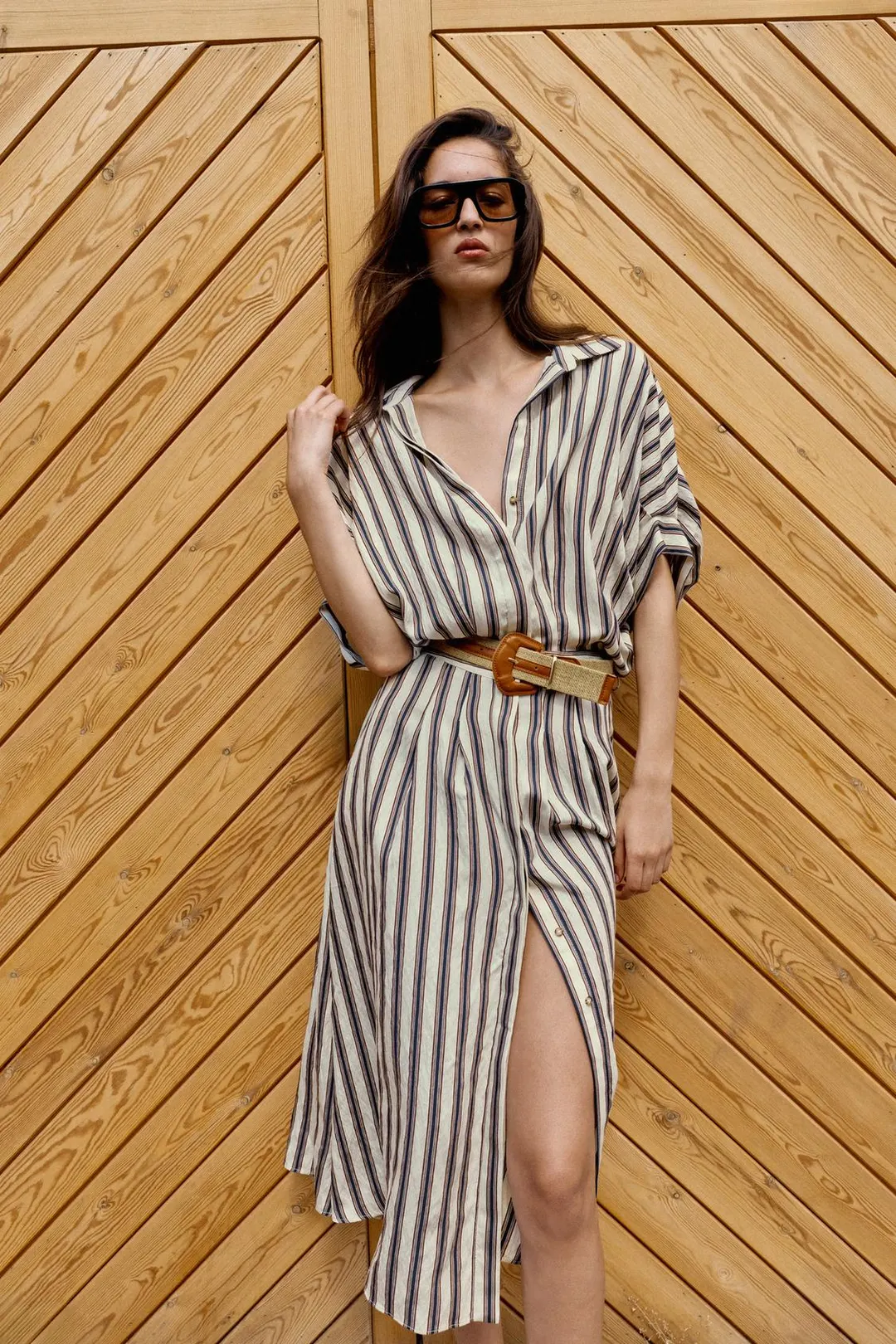 Полосатое платье миди с поясом, Zara