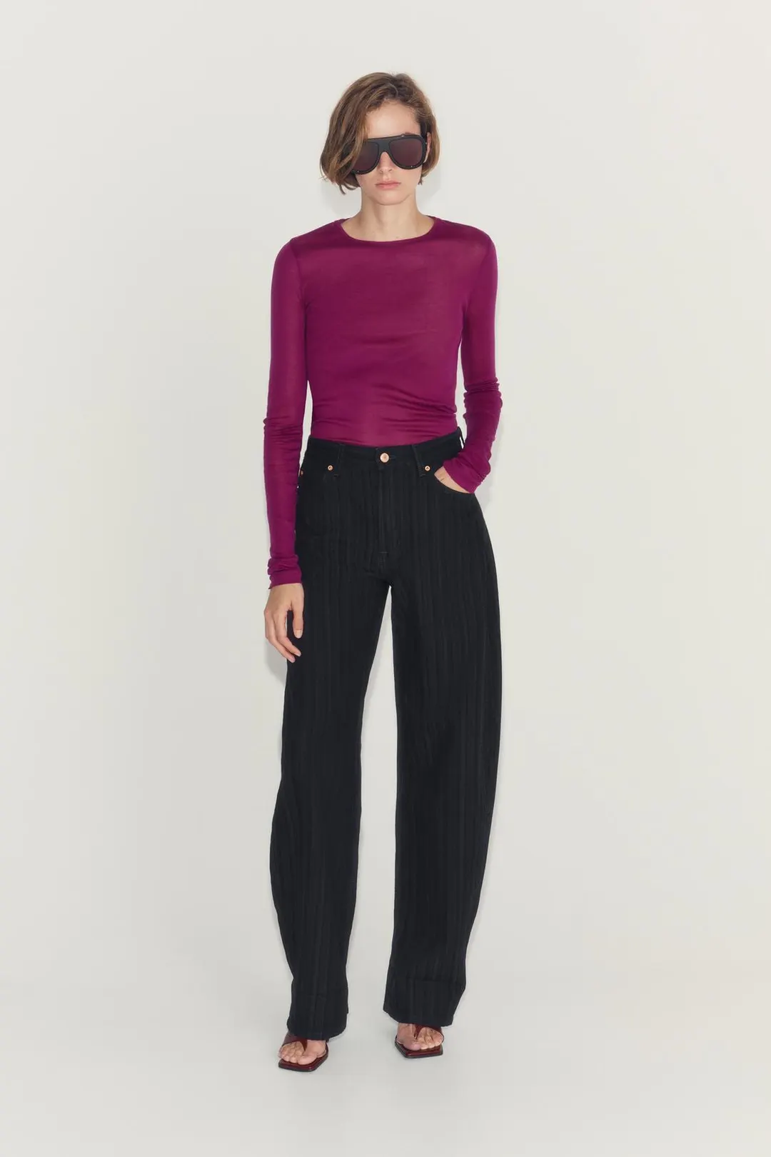 Джинсы-баллоны со средней посадкой в полоску из жаккарда ZW Collection, Zara