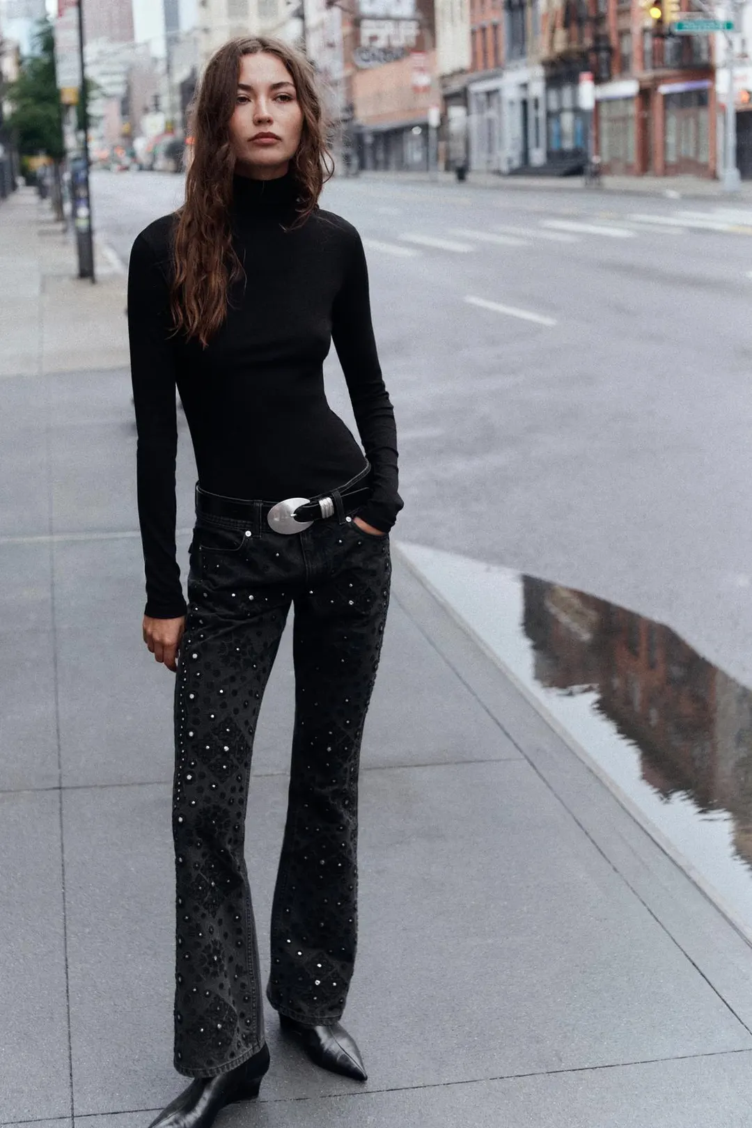 Джинсы буткат Z1975 с низкой посадкой и бусинами, Zara