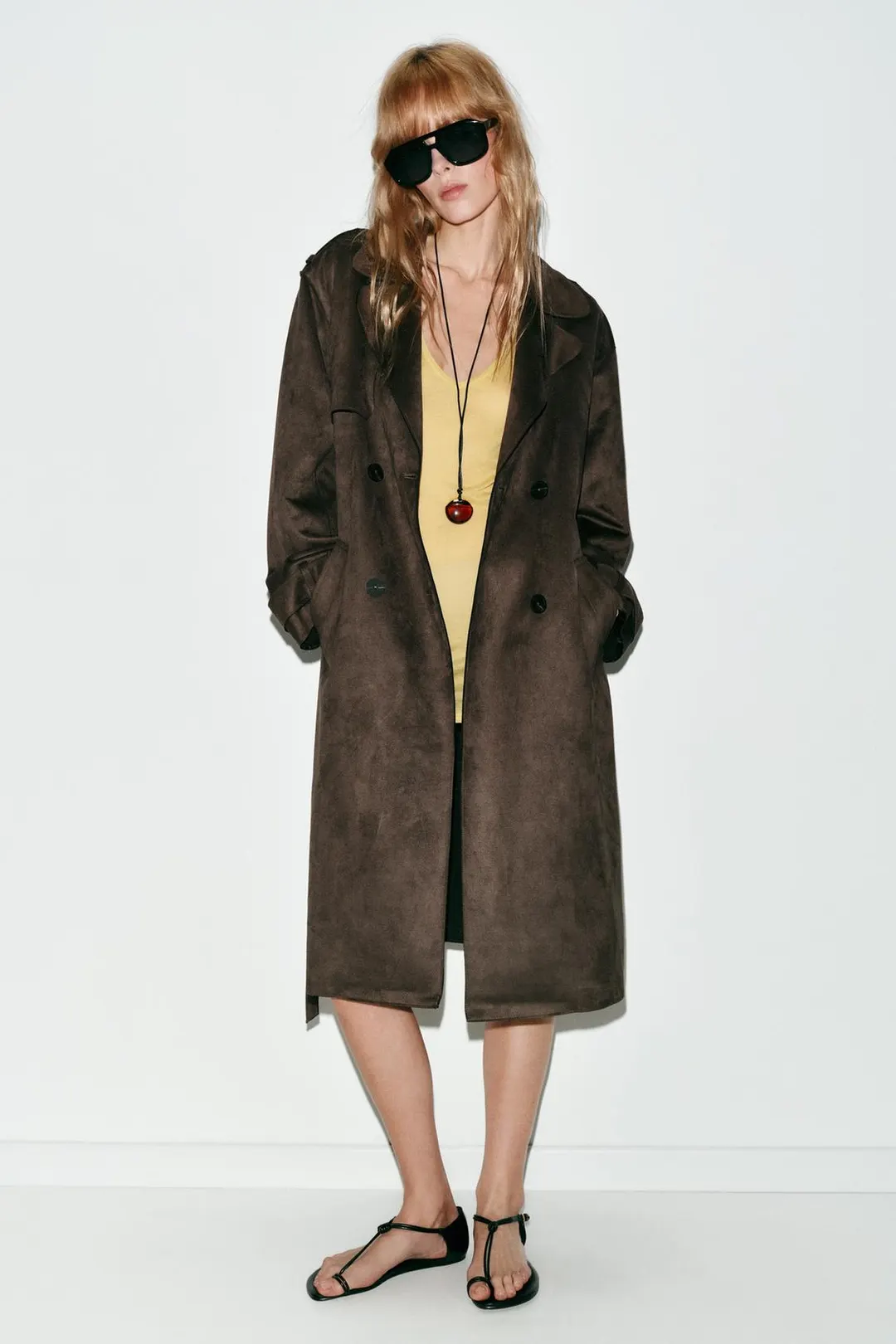 Длинный тренч под замшу с поясом, Zara